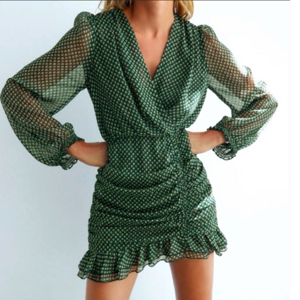Zara Mini Draped Patterned Dress with Metallic Thread Green Size XS